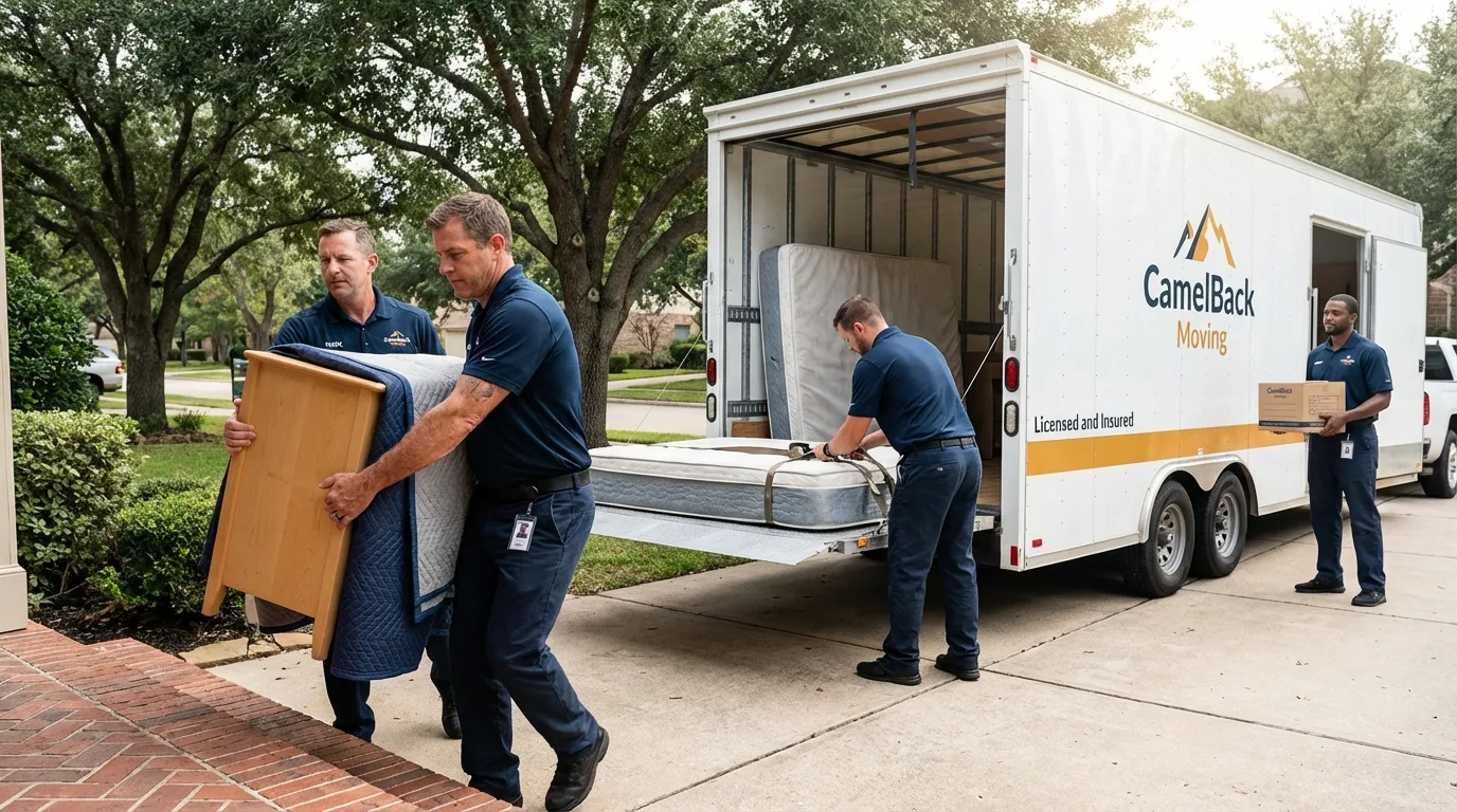 Crew loading residential truck for cross-state move from Selby, SD