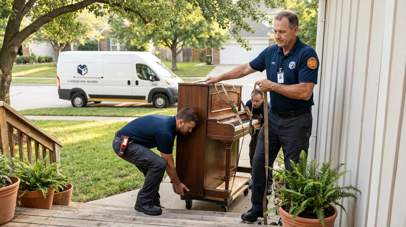 Licensed piano movers securing grand piano in Selby, SD