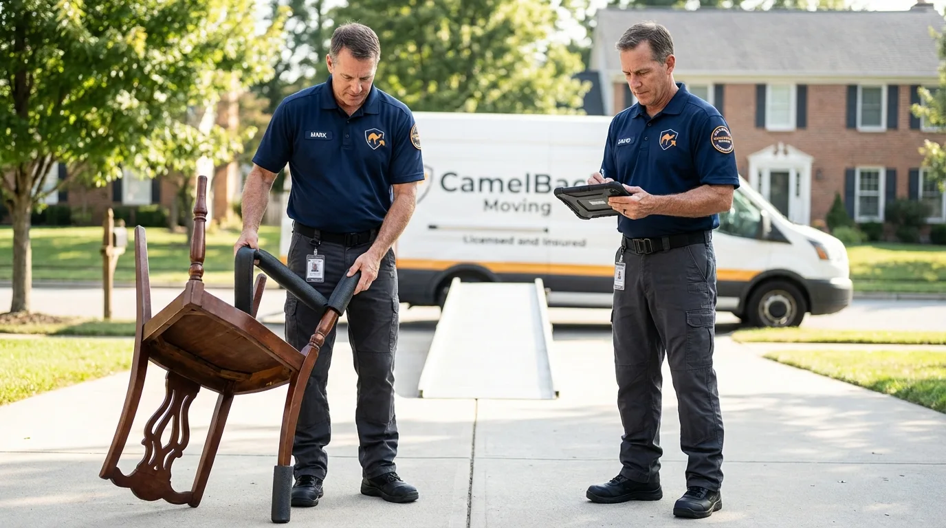 Movers inspecting furniture for damage prevention before loading in Selby, SD
