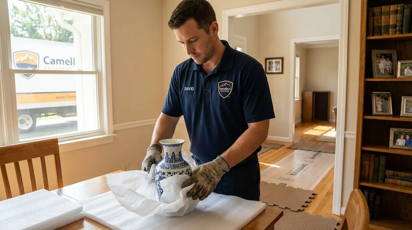 Professional crew carefully wrapping antique vase for senior downsizing move in Selby, SD